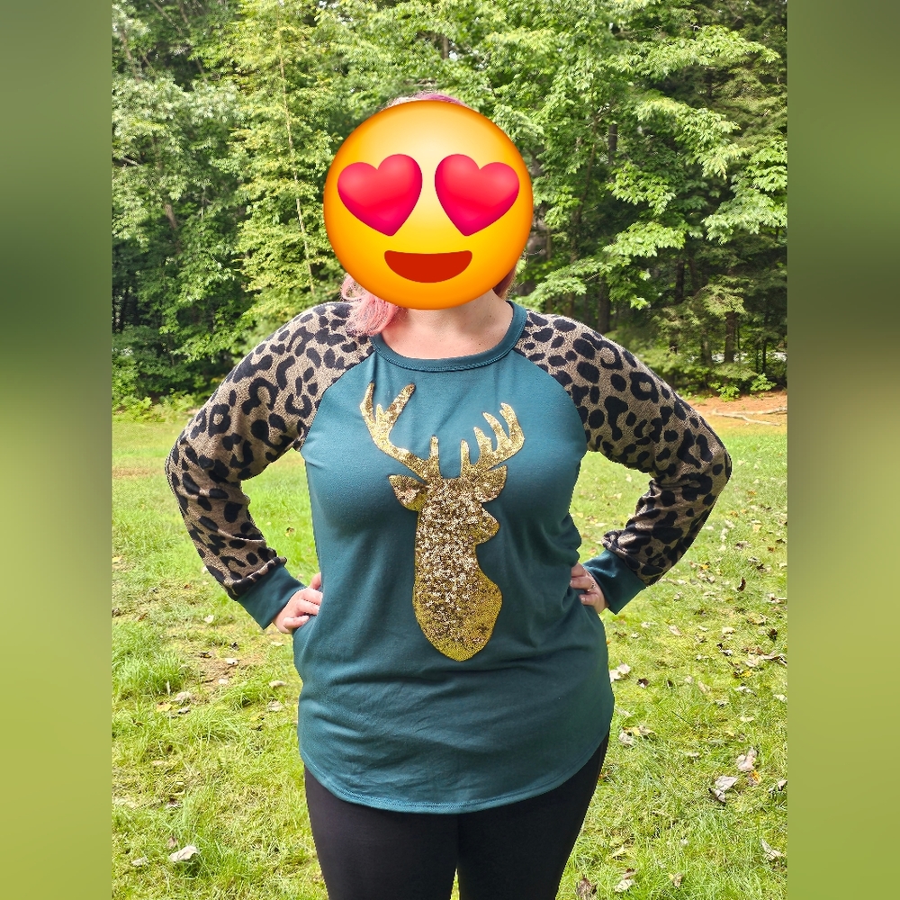 Long-sleeve green & leopard print shirt w/ gold sequin deer by Heimish, 2x, 3x